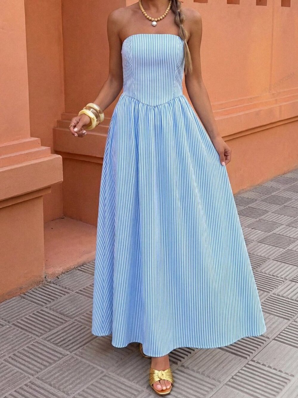 Blue and White Boho Women's Casual Striped Halter Maxi A-Line Dress - Picture 3 of 3